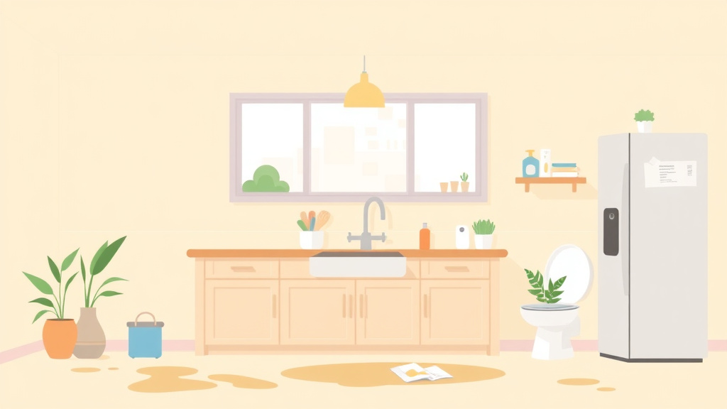 Illustration showing key concepts related to under-sink mold prevention in rental kitchens and baths