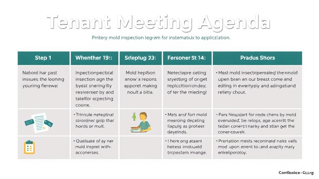 Visual guide for practical steps in tenant meeting agenda for mold issues
