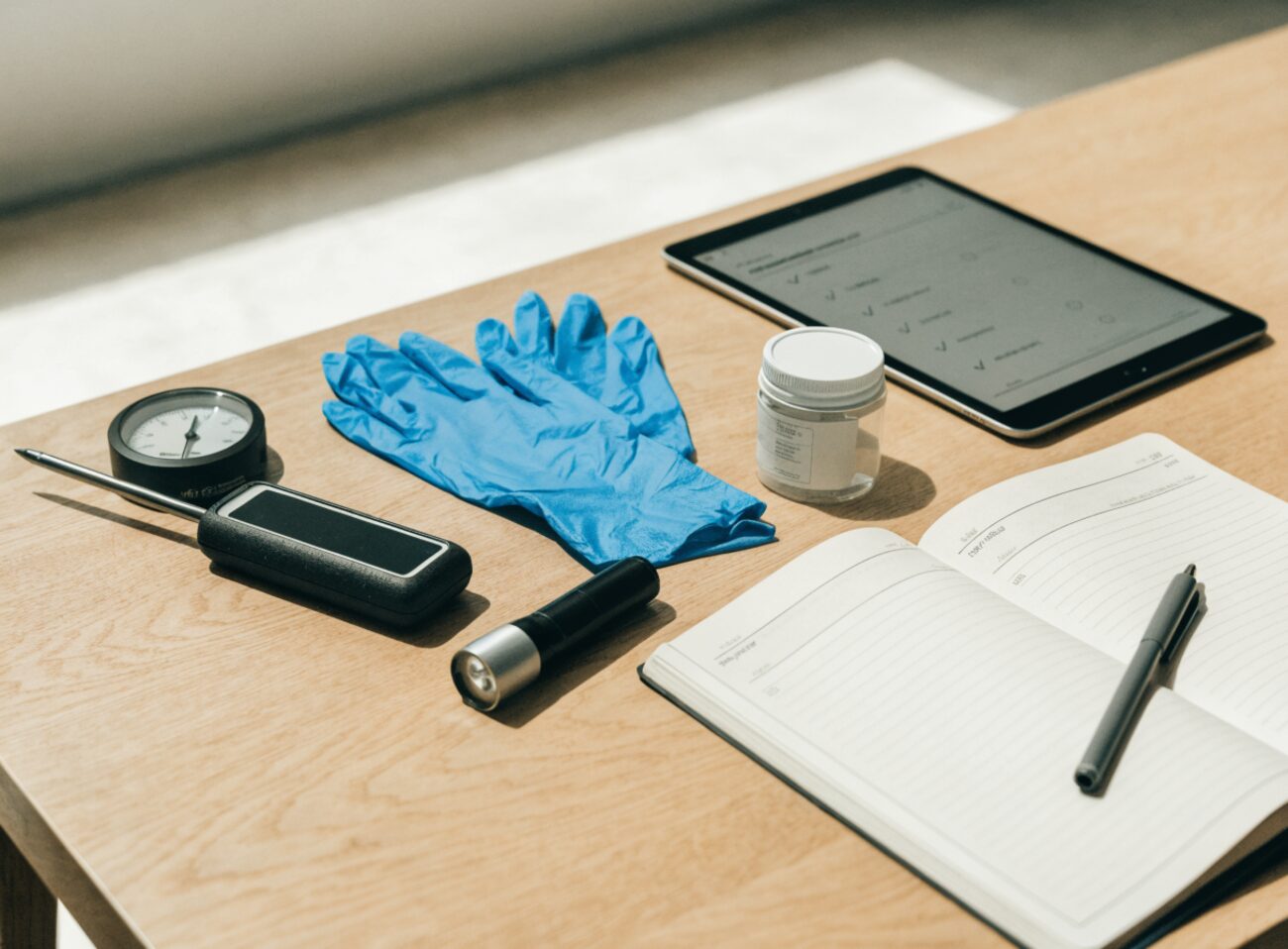 An organized mold documentation kit on a clean desk: moisture meter, hygrometer, gloves, flashlight, sample jar, tablet checklist, and a field notebook